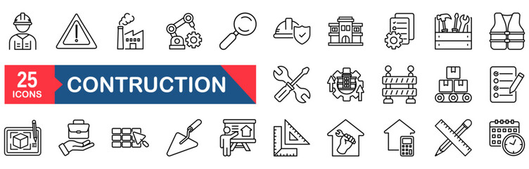 Construction set of web icons in line style. vector illustration concept for industry, helmet, wheelbarrow, symbol, house, road, engineer, tool, drill, work, pictogram, home