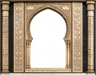 Intricately carved archway with columns. White background