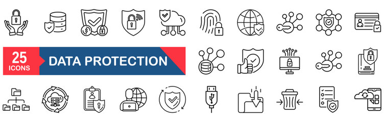 Data protection Web Icon Set in Line style. vector illustration concept for�access, firewall, technology, online, thin, symbol, flat, phone, mobile, account, electronic mail, payment, guard