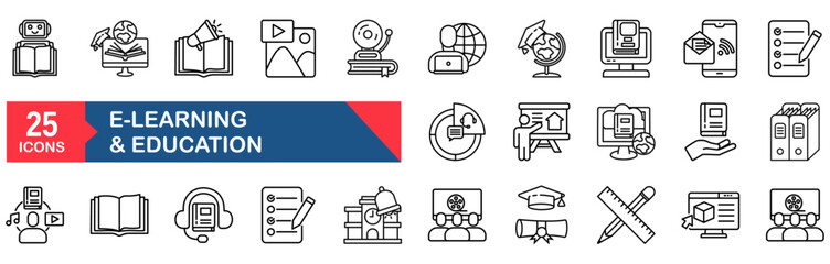 E-learning set of web icons in line style. vector illustration concept for study, video, school, online, book, web, laptop, distance, course, training, tutorial, cyberspace, university