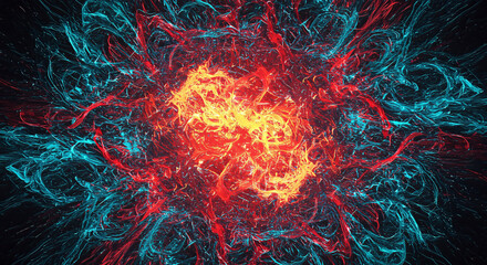 Abstract visualization of dynamic fiery energy intertwined with electric blue currents in chaotic motion
