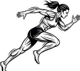 Fototapeta premium Detailed Line Art Illustration of a Muscular Female Runner in Mid-Sprint Action, Highlighting Dynamic Movement, Power, and Athleticism
