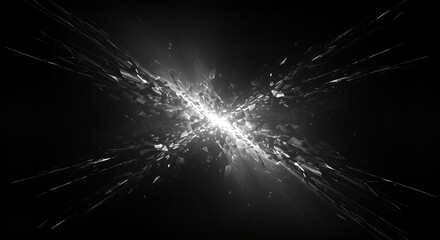Dark abstract composition featuring glowing shards emanating from a central bright core in a mysterious fragmented space