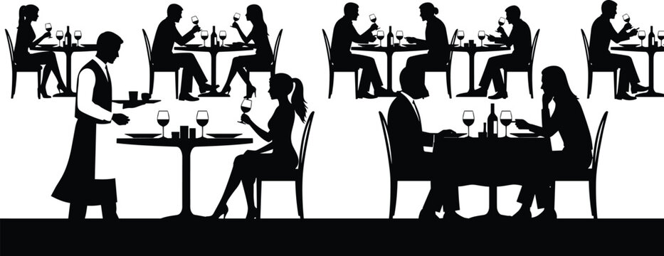 Restaurant dining scene silhouettes, waiter serving couple, people eating drinking wine at tables, black icons, cad drawing flat vector illustration.