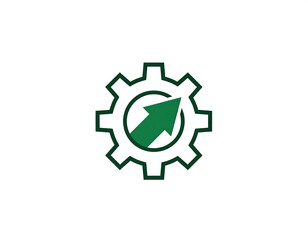 Green arrow pointing upward within a circle centered on a gear icon on white