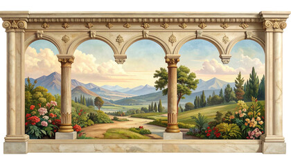 Architectural mural with arched openings and a scenic pastoral view