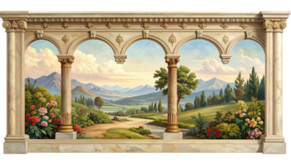 Architectural mural with arched openings and a scenic pastoral view
