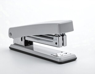Gray stapler on white background with shallow depth of field, side angle view