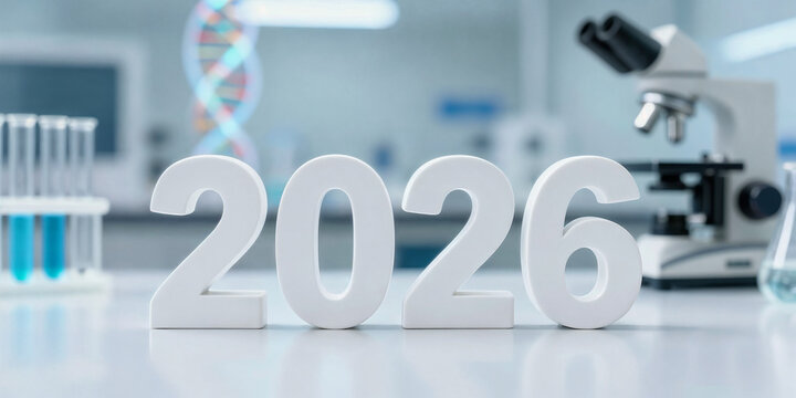 2026 on laboratory table with microscope for medical research and science concept