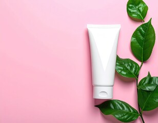 Fototapeta premium White skincare tube on pink background with vibrant green leaves