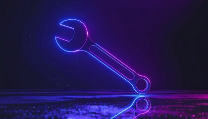 Glowing neon wrench suspended in futuristic space with vibrant reflections and cosmic ambiance