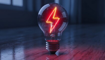 Glowing lightbulb with neon lightning idea illuminates innovation and creativity in dark workspace