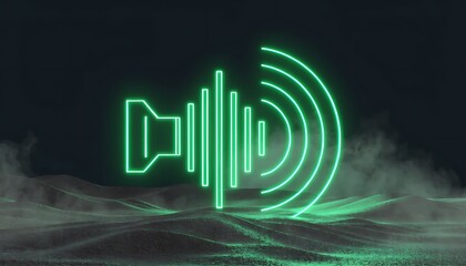 Futuristic neon soundwave and radio signal icon glowing on dark tech surface with digital effects