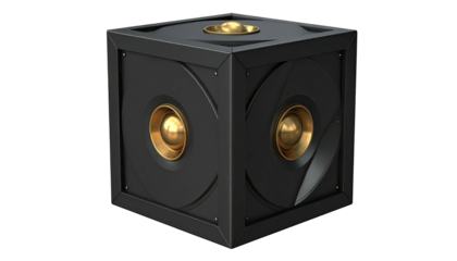 A black cube with gold accents, sphere-like details, and a dark background