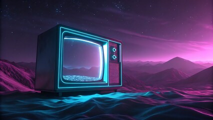 Futuristic neon-lit retro television set displaying cosmic landscape under vibrant purple starry sky in surreal dreamscape