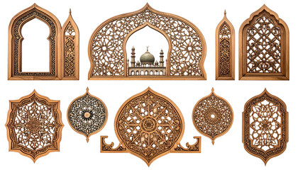 Detailed wooden carvings of arches, frames, and circular patterns