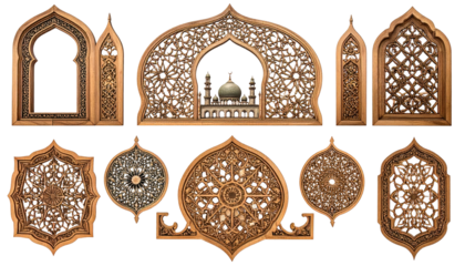 Detailed wooden carvings of arches, frames, and circular patterns