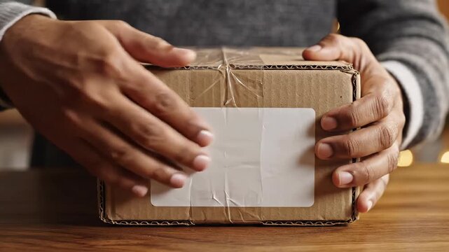 Person holding cardboard box with label ready for shipping