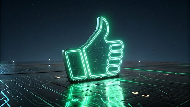 Glowing neon thumbs up icon shines brightly on futuristic circuit board background in digital success concept