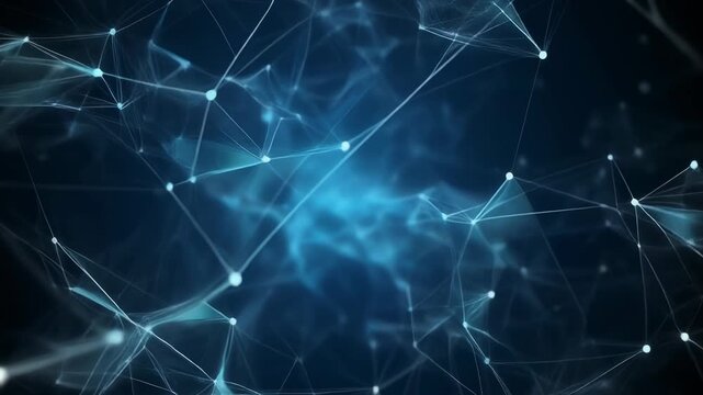 Complex network of interconnected nodes and lines in a dark blue space.