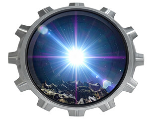 Metal gear frame showing a bright cosmic explosion over a rugged landscape