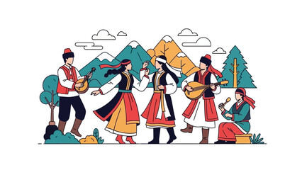 Folkloric Music and Dance: Diverse Group in Traditional Attire Performing Outdoors