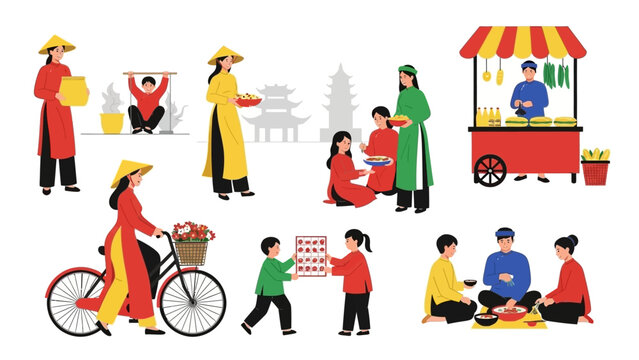 Vietnamese people in traditional ao dai outfits, daily life scenes, street food, and culture