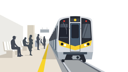 Modern Metro Train Arriving at Station Platform with Silhouetted Passengers Waiting