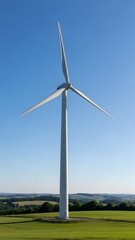 Modern Wind Turbine Generating Clean Energy in a Green Field Under a Blue Sky.