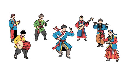 Traditional Asian Performers with Musical Instruments and Drums © Vektor