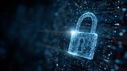 Futuristic digital padlock icon representing cybersecurity technology, secure network access, data protection, virtual dashboard, online internet privacy, authorized access, and protection against cyb