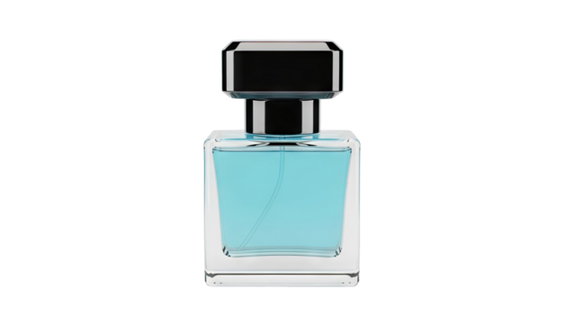 Clear Perfume Bottle with Blue Liquid and Black Cap on transparent background - Powered by Adobe