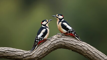 Obraz premium Two Great Spotted Woodpeckers Perched on a Branch in Nature.