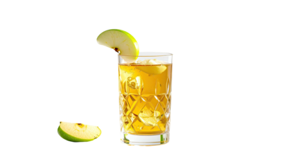 Golden drink in a crystal glass with an apple slice garnish on black