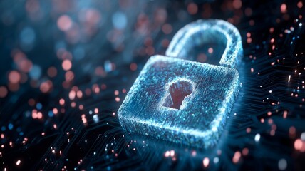 Futuristic digital padlock icon representing cybersecurity technology, secure network access, data protection, virtual dashboard, online internet privacy, authorized access, and protection against cyb