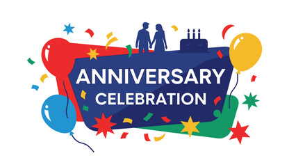 Anniversary Celebration Graphic with Couple Silhouette, Cake, Balloons, and Confetti