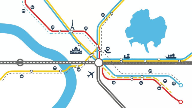 Abstract City Map with Metro Lines, Landmarks, River, and Transport Icons