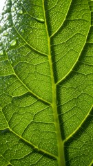 Fototapeta premium Close-up macro shot of a vibrant green leaf with intricate vein patterns and water droplets.