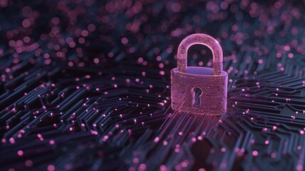 Cybersecurity services concept with secure digital connection, privacy protection visualization, and close-up safety lock in futuristic purple-pink abstract design