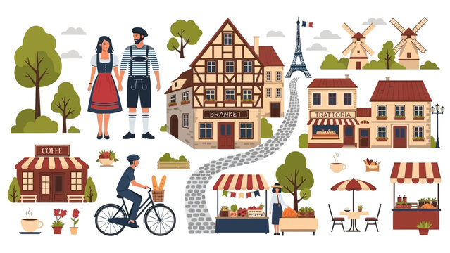 Parisian Street Scene with Eiffel Tower, Traditional Buildings, Couple, and Market Stalls