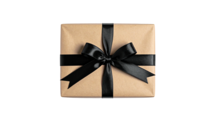 A gift wrapped in brown paper tied with a black satin ribbon