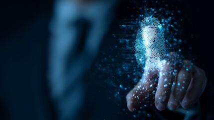 Double exposure of businessman interacting with holographic identity scan to unlock online data, representing global information access, cybersecurity technology, and digital security innovation