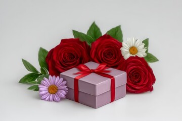 Fototapeta premium Soft pink present wrapped with a red ribbon nestles among vibrant roses and delicate daisies on a light background, perfect for celebrating romance, gratitude, or special occasions.