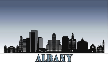 Obraz premium Global city Albany shown in a detailed vector skyline with grey rainy sky