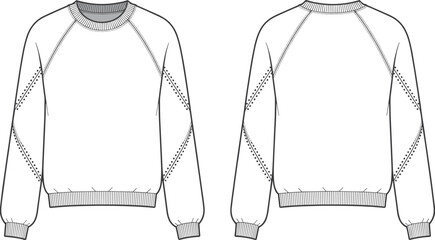 Sweatshirt, fashion sketch, technical drawing, vector illustration, garment design, apparel template, raglan sleeve, crew neck, CAD style, clothing blueprint