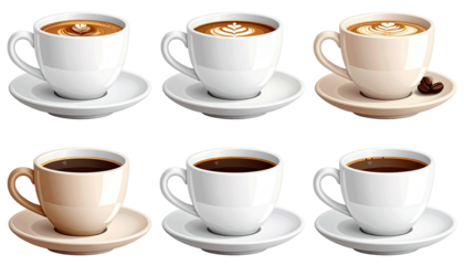 Six coffee cups, various styles, on saucers, presented from overhead