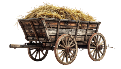Rustic wooden cart overflowing with golden hay, isolated on black (1)