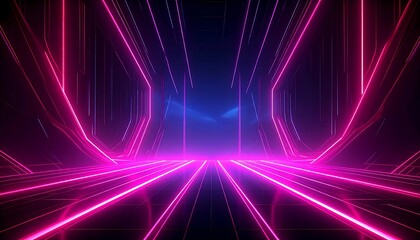Futuristic, neon-lit corridor with pink and blue streaks