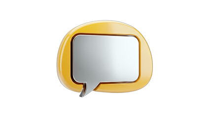 3D Glossy Yellow Speech Bubble with Silver Blank Message Area on transparent background