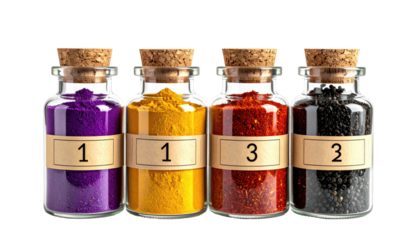 Four jars of colorful pigment with corks and numbered labels